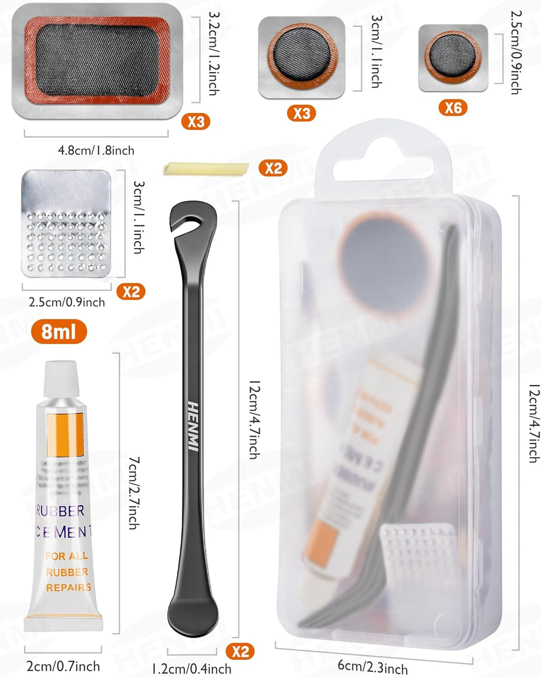 HENMI Flickzeug Fahrrad Reparaturset, Fahrrad Reifenheber, Tragbar Fahrrad Flickset, Fahrradreifen Reparaturset mit Reifenreparaturkleber, Patch, Kompatibel mit Allen Fahrradschläuchen 2024