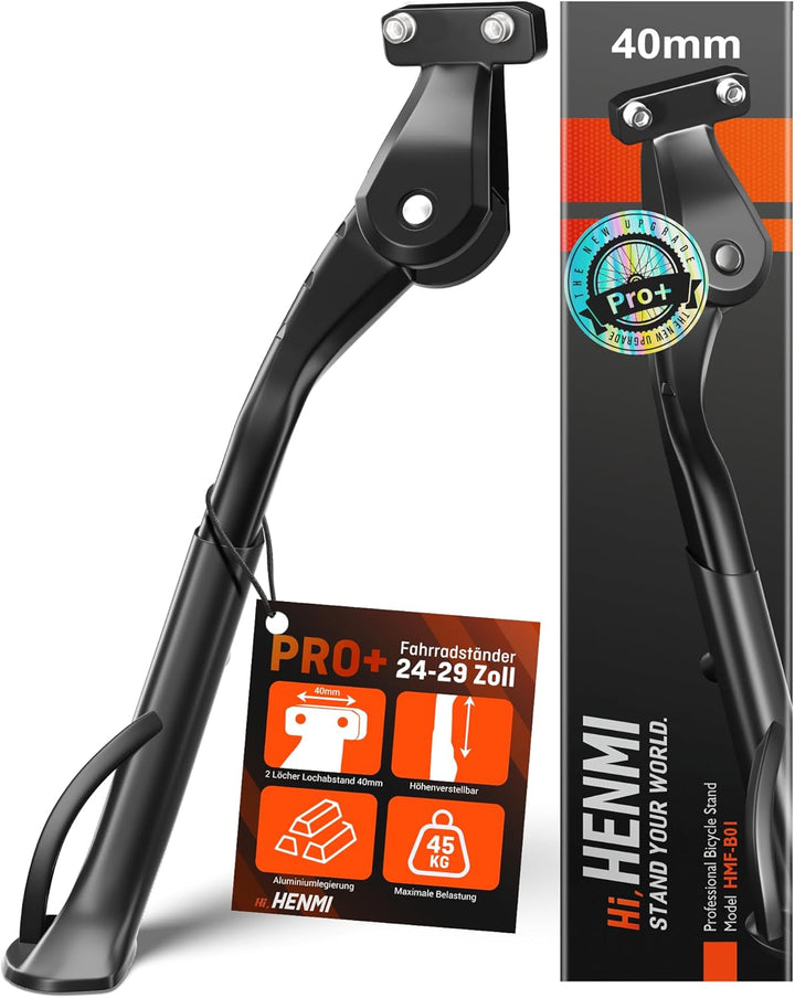 HENMI Fahrradständer 24-29 Zoll Pro+, Fahrradständer mit 4 Löchern, 20mm oder 40mm Lochabstand, M5 Schraube Schraubenöffnung 5mm, Stabil Seitenständer für E-Bike, MTB