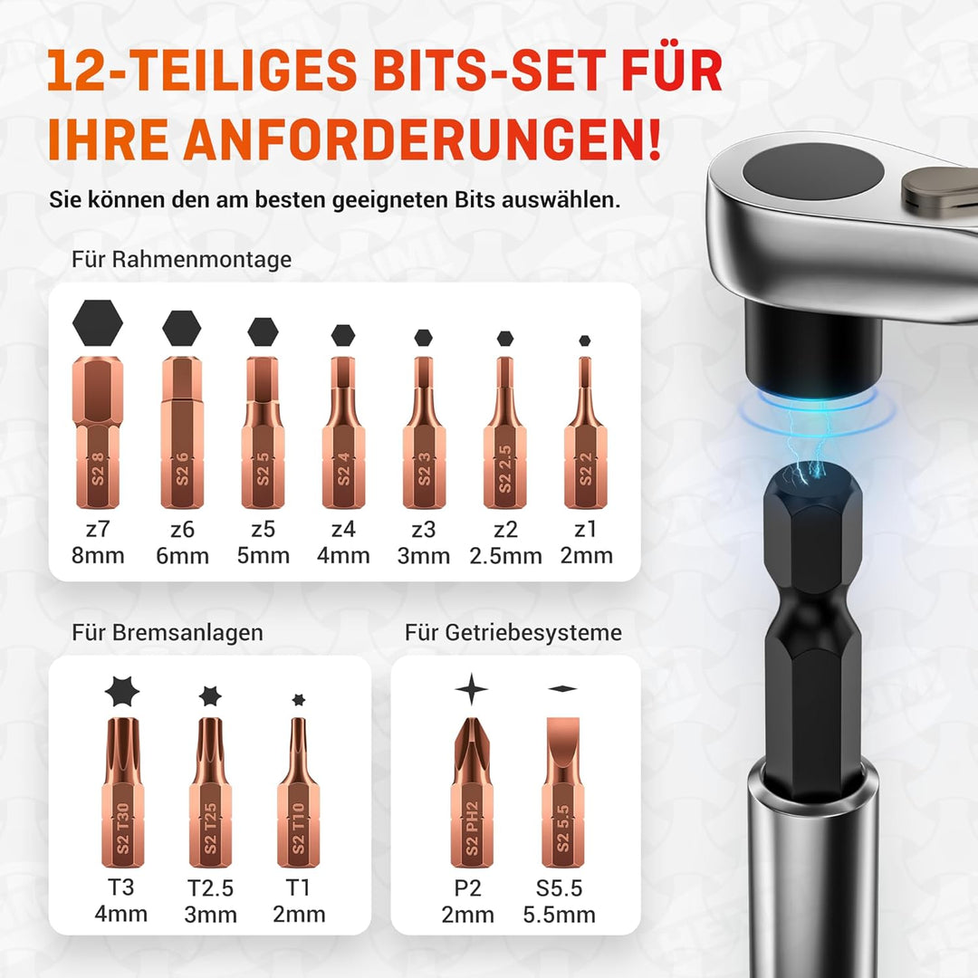 HENMI Klein Fahrrad 1/4" Ratschenschlüssel set,72 Zähne Mini Ratsche,Inklusive 12 Teiliges Schraubwerkzeug Set,1 Verlängerungsstange,2 Reifenheber,Multifunktional Fahrrad werkzeuge,Fahrrad Werkzeugset