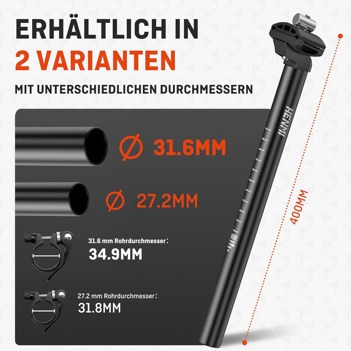 HENMI Fahrrad Sattelstütze mit Sattelklemme,Verstellbar Sattelstange 27.2/31.6mm mit 400 mm Länge für E-Bikes,MTB,Rennrad,Trekking
