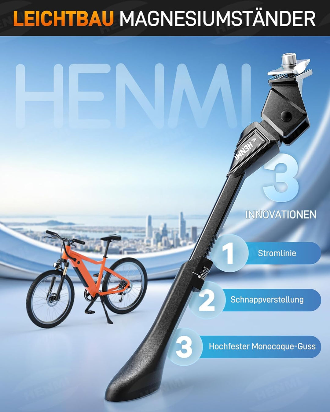 HENMI Fahrradständer 24-29 Zoll Höheverstellbar Mittelständer Ultra für E-Bike, Mountainbike, Trekkingrad, Cityrad Fahrradständer Seitenständer
