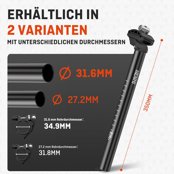 HENMI Fahrrad Sattelstütze mit Sattelklemme,Verstellbar Sattelstange 27.2/31.6mm mit 350mm Länge für E-Bikes,MTB,Rennrad,Trekking