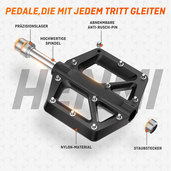 HENMI Pedale Fahrrad MTB, 9/16 Zoll Fahrradpedale rutschfest, Aluminium Flatpedale mit Abgedichtete Pedale Set für Mountainbike, E-Bike & Stadtrad