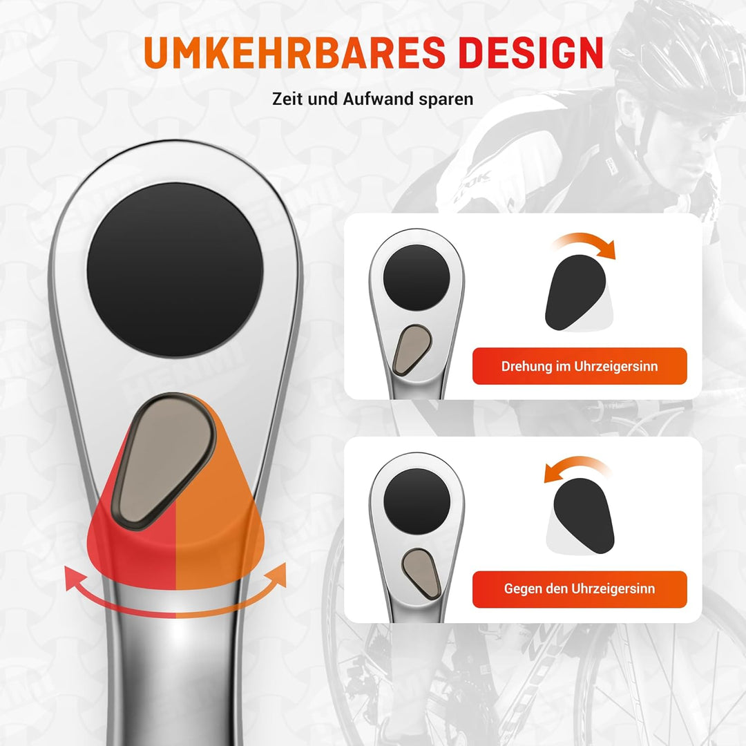 HENMI Klein Fahrrad 1/4" Ratschenschlüssel set,72 Zähne Mini Ratsche,Inklusive 12 Teiliges Schraubwerkzeug Set,1 Verlängerungsstange,2 Reifenheber,Multifunktional Fahrrad werkzeuge,Fahrrad Werkzeugset