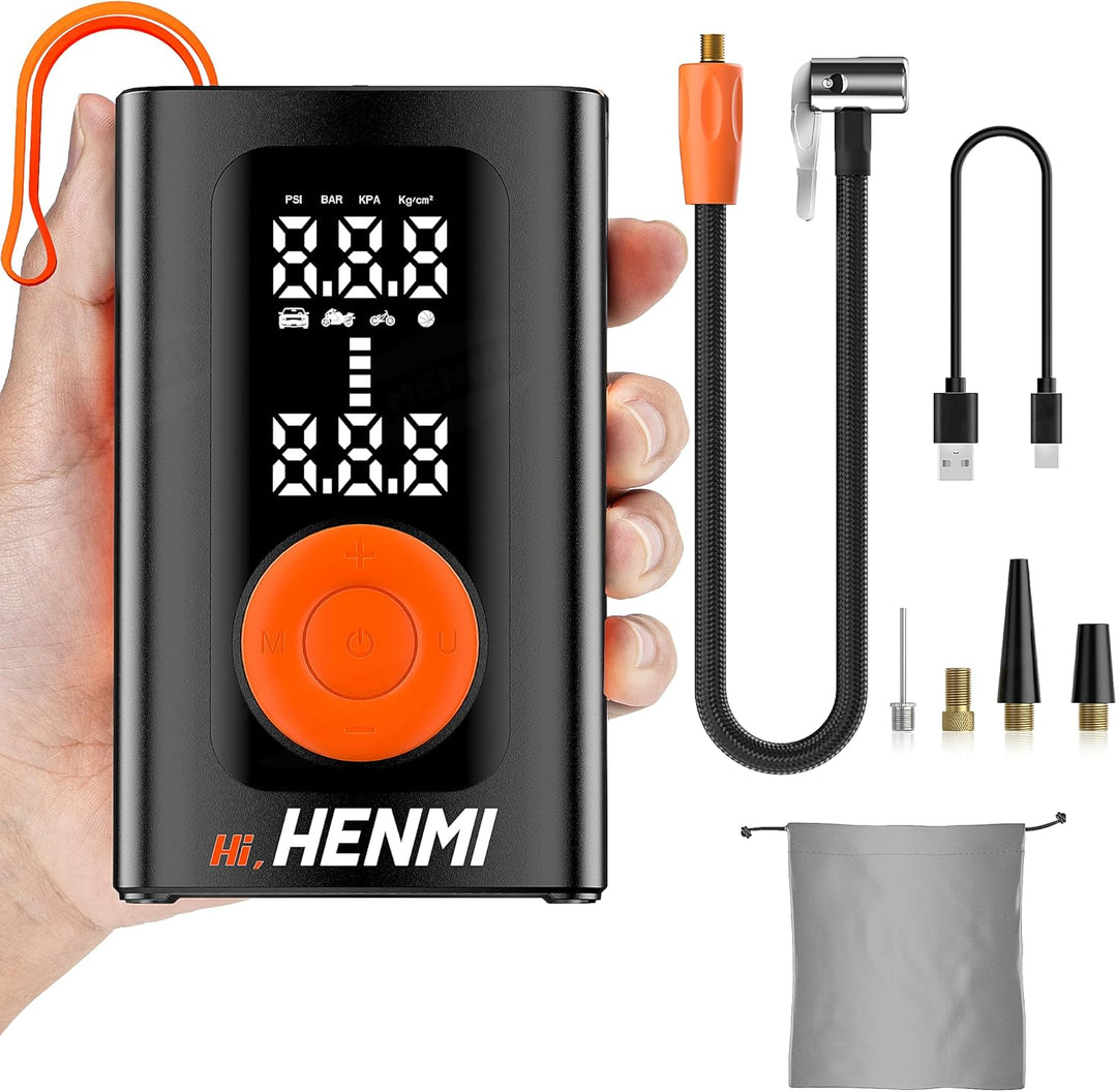 HENMI Elektrische Luftpumpe, Akku Luftpumpe Auto mit alle ventile (10,3-11,7 Bar), 7500-18000 mAh Fahrradpumpe Elektrisch mit Digitalanzeige Manometer für Fahrrad, EBike, Wohnmobil, Bälle