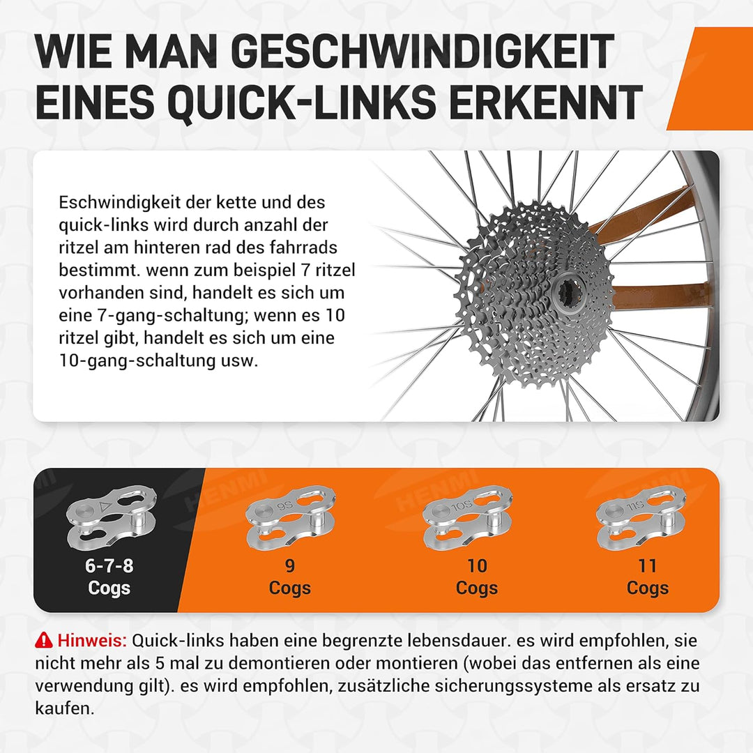 HENMI Fahrradkettenglied 6/7/8/9/10/11-Fach,6 paar Kettenverschluss Fahrrad für 6,7,8 Geschwindigkeit Fahrradkette,Fahrrad Kettenschloss Schnelles An- und Abbauen