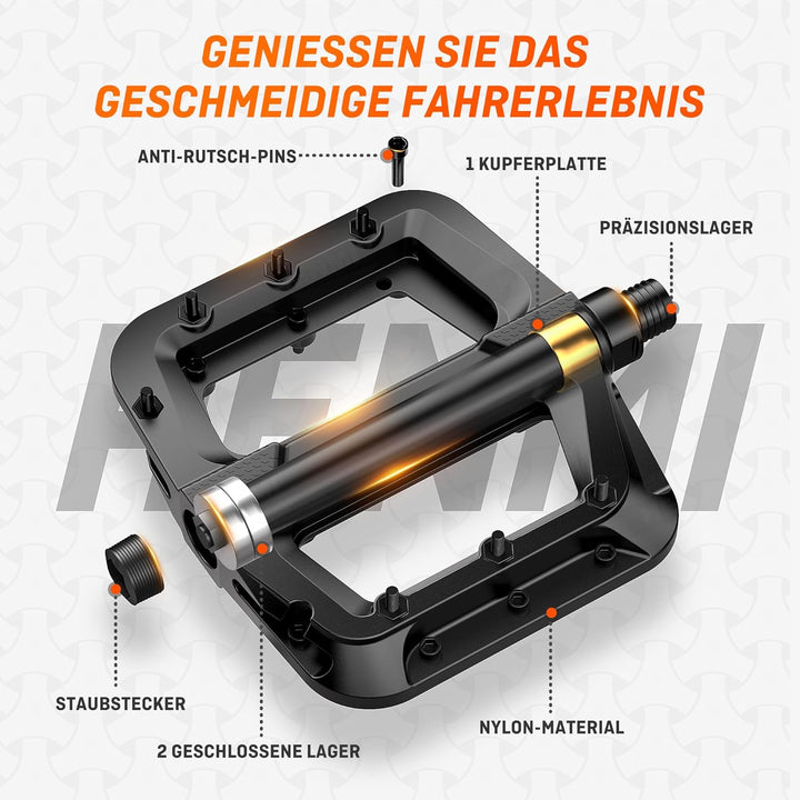 HENMI Fahrradpedale 9/16 Zoll, rutschfest Pedale Fahrrad MTB, Nylon Composite Flatpedale Set für Rennrad, Mountainbike, Trekking & E-Bike