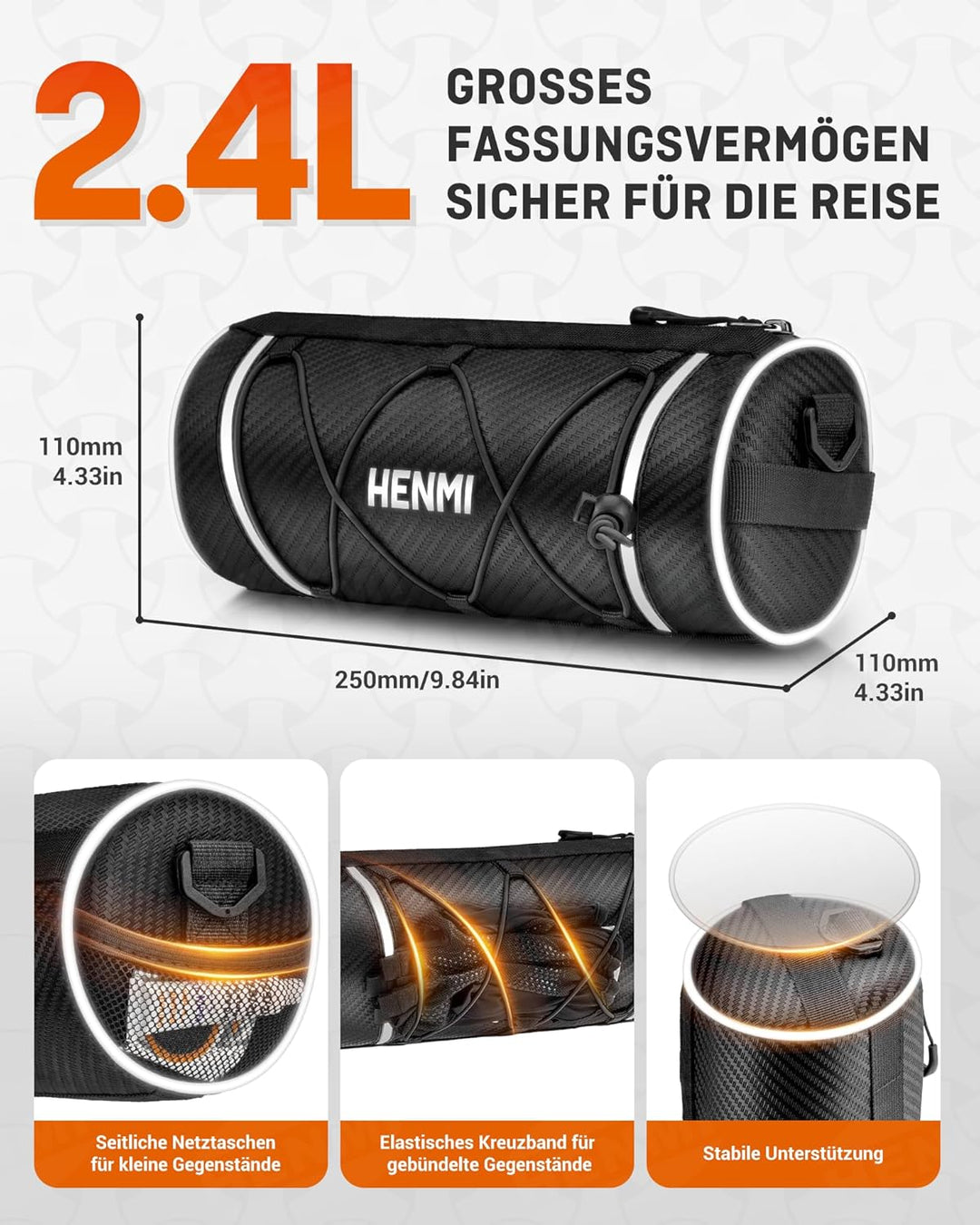 HENMI Lenkertasche Fahrrad Wasserdicht, Fahrradtasche Lenker für E-Bike, MTB, Rennrad, Lenkertasche Rennrad mit Schultergurt ca.2,4L (Schwarz)