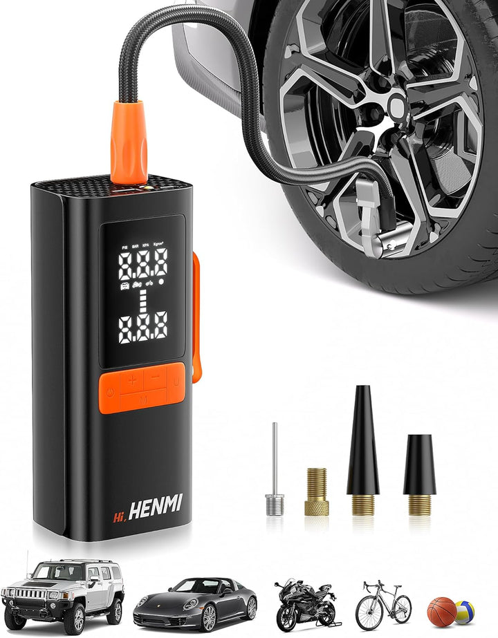 HENMI Elektrische Luftpumpe, Akku Luftpumpe Auto mit alle ventile (10,3-11,7 Bar), 7500-18000 mAh Fahrradpumpe Elektrisch mit Digitalanzeige Manometer für Fahrrad, EBike, Wohnmobil, Bälle
