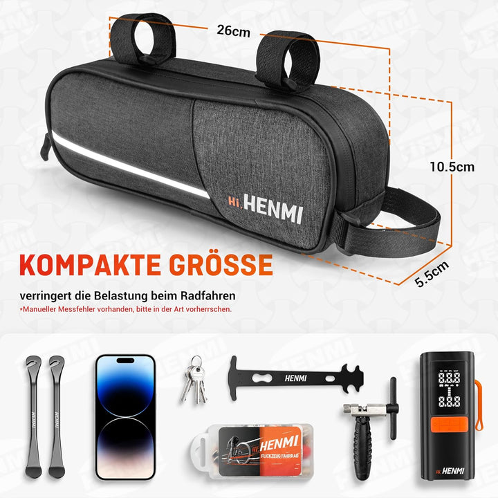 HENMI Fahrradtasche Rahmen, Rahmentasche Fahrrad Klein mit Reflektierend, Rahmentasche für Rennrad, MTB Fahrrad Werkzeugtasche