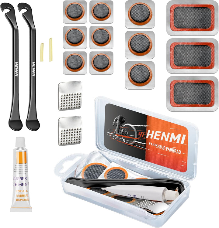 HENMI Flickzeug Fahrrad Reparaturset, Fahrrad Reifenheber, Tragbar Fahrrad Flickset, Fahrradreifen Reparaturset mit Reifenreparaturkleber, Patch, Kompatibel mit Allen Fahrradschläuchen 2024
