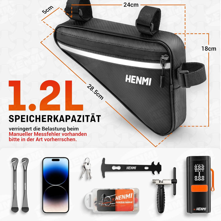 HENMI Fahrradtasche Rahmen, Dreieckstasche Fahrrad Wasserdicht Reflektierend, Rahmentasche für Handy, Snack, Werkzeug, Verwendung Fahrrad Werkzeugtasche für Stadtrad, Rennrad, MTB