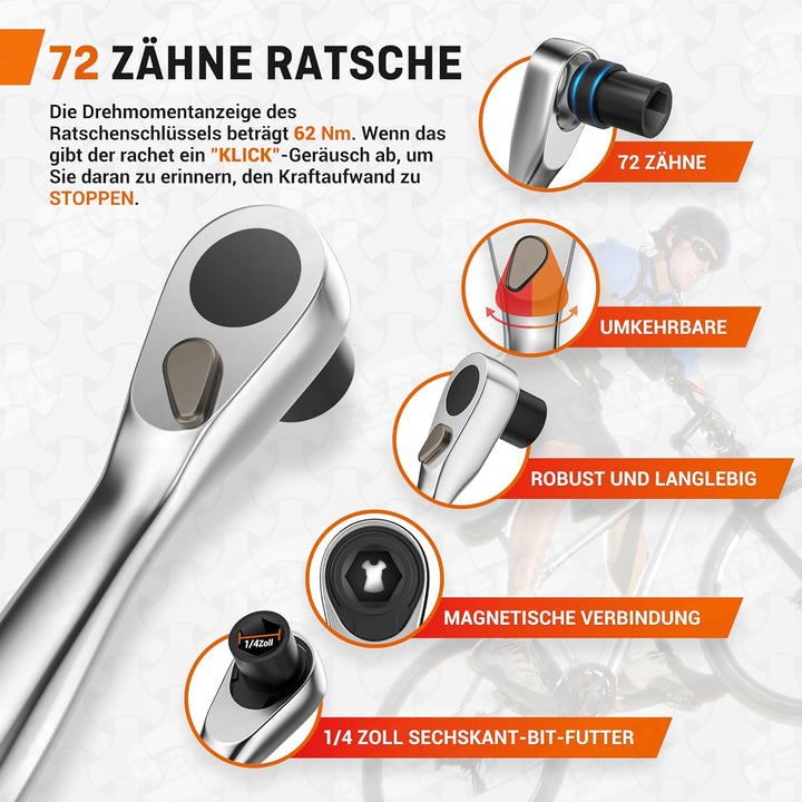 HENMI Klein Fahrrad 1/4" Ratschenschlüssel set,72 Zähne Mini Ratsche,Inklusive 12 Teiliges Schraubwerkzeug Set,1 Verlängerungsstange,2 Reifenheber,Multifunktional Fahrrad werkzeuge,Fahrrad Werkzeugset