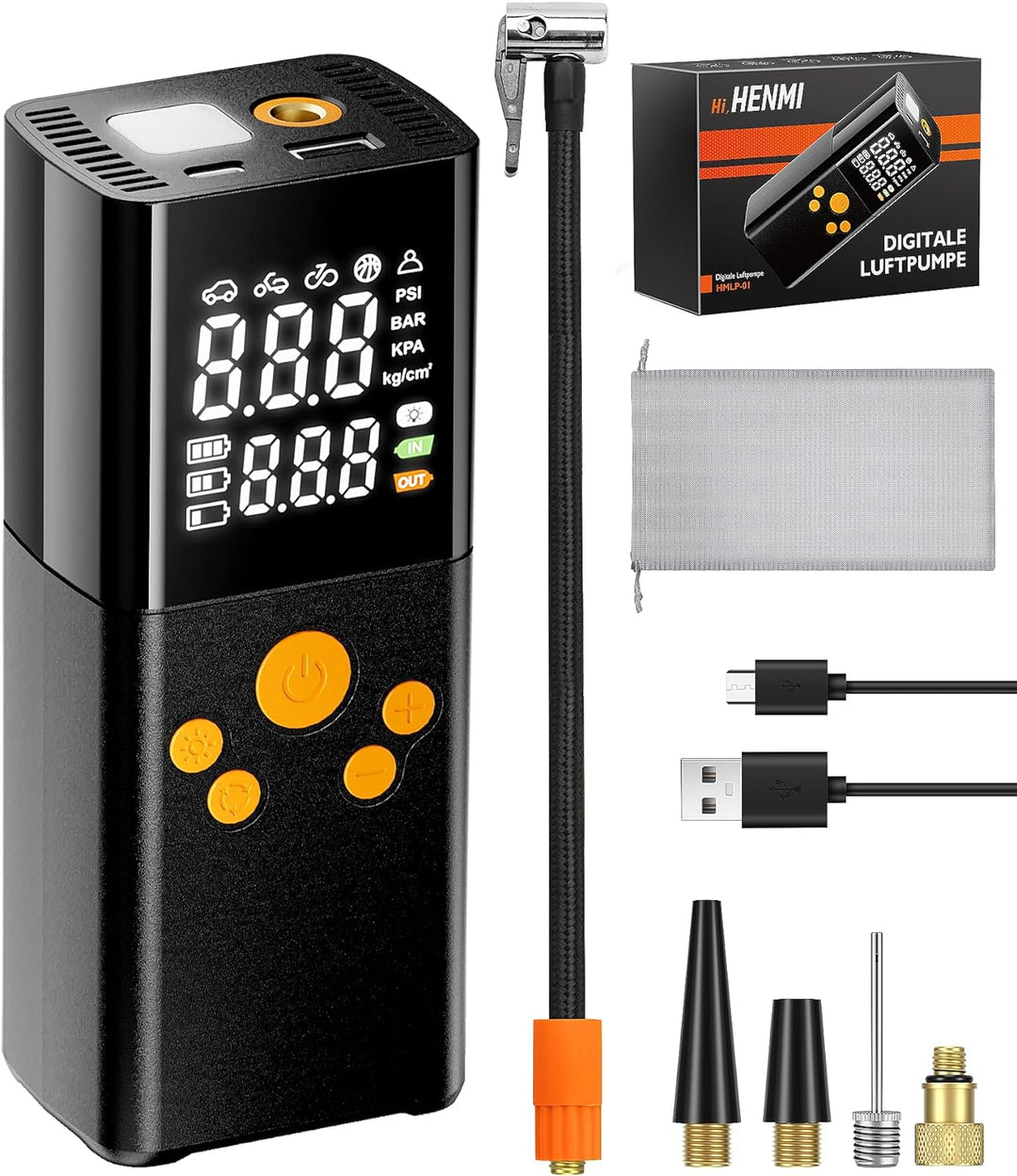 HENMI Tragbar Fahrrad elektrische Luftpumpe, 150PSI 6000mAh Wireless Fahrradpumpe Elektrisch, 5 Modus Smart Fahrrad Akku-Luftpumpe für Fahrräder, MTB, Autos, Motorräder, Bälle