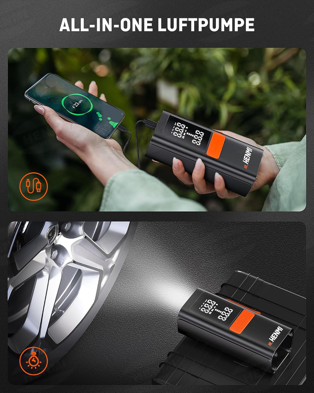 HENMI Elektrische Luftpumpe, Akku Luftpumpe Auto mit alle ventile (10,3-11,7 Bar), 7500-18000 mAh Fahrradpumpe Elektrisch mit Digitalanzeige Manometer für Fahrrad, EBike, Wohnmobil, Bälle