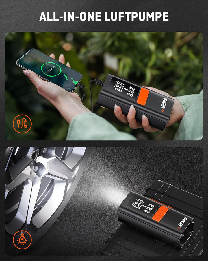 HENMI Elektrische Luftpumpe, Akku Luftpumpe Auto mit alle ventile (10,3-11,7 Bar), 7500-18000 mAh Fahrradpumpe Elektrisch mit Digitalanzeige Manometer für Fahrrad, EBike, Wohnmobil, Bälle