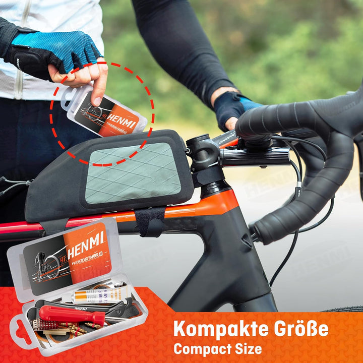 HENMI Fahrrad Flickzeug Set, Tragbar Flickset Fahrradreifen mit Reifenreparaturkleber, Patch, Metall Reifenheber, Ventilschlüssel, Ventileinsatz Kompatibel mit Allen Fahrradschläuchen 2024