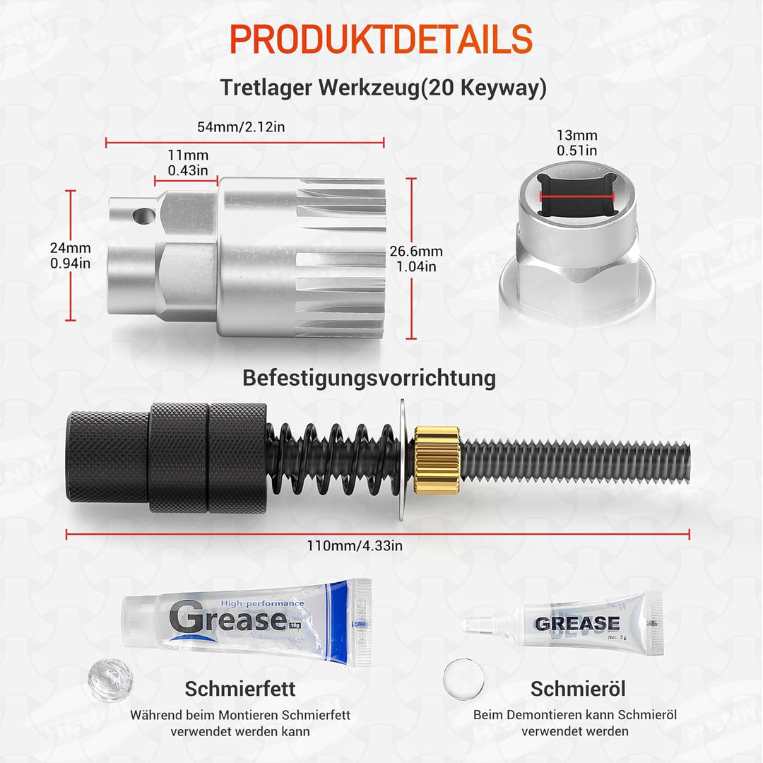 HENMI Fahrrad Tretlager Werkzeug Set,Fahrrad Innenlager Entferner mit Tretlager Fahrrad,20zähnen 24mm Innenlager Werkzeug kompatibel mit Schmieröl,Schmierfett und Verriegelungseinrichtung