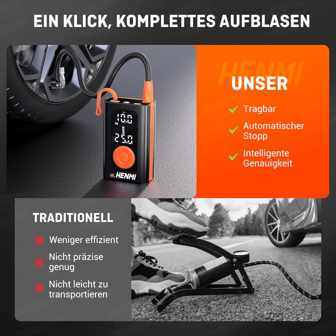 HENMI Elektrische Luftpumpe, Akku Luftpumpe Auto mit alle ventile (10,3-11,7 Bar), 7500-18000 mAh Fahrradpumpe Elektrisch mit Digitalanzeige Manometer für Fahrrad, EBike, Wohnmobil, Bälle