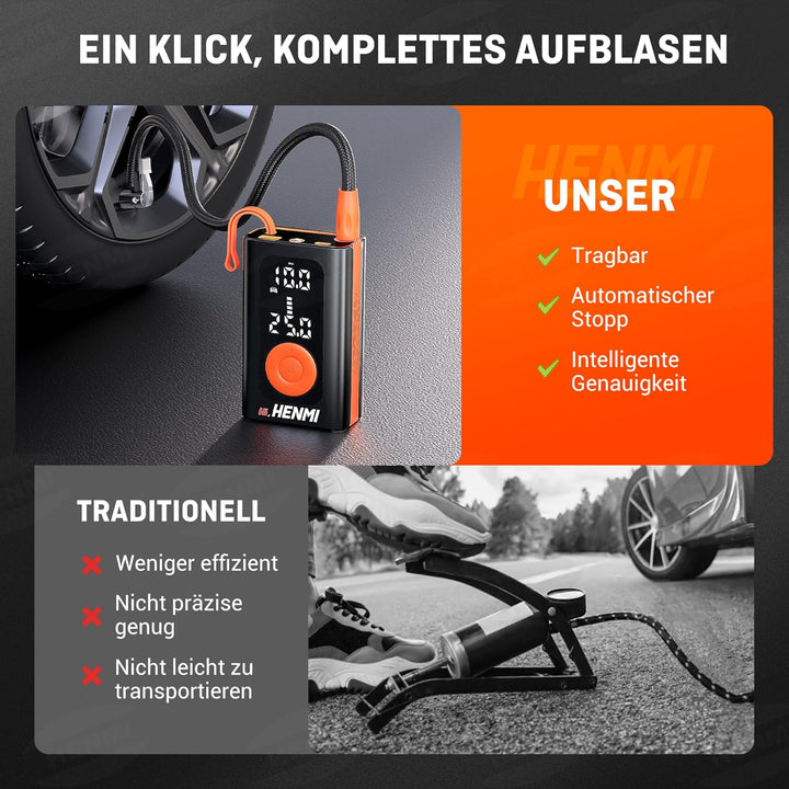 HENMI Elektrische Luftpumpe, Akku Luftpumpe Auto mit alle ventile (10,3-11,7 Bar), 7500-18000 mAh Fahrradpumpe Elektrisch mit Digitalanzeige Manometer für Fahrrad, EBike, Wohnmobil, Bälle