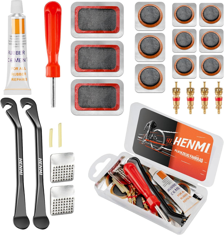 HENMI Fahrrad Flickzeug Set, Tragbar Flickset Fahrradreifen mit Reifenreparaturkleber, Patch, Metall Reifenheber, Ventilschlüssel, Ventileinsatz Kompatibel mit Allen Fahrradschläuchen 2024
