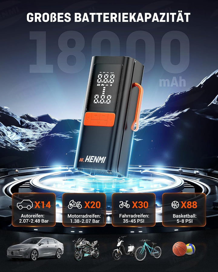 HENMI Elektrische Luftpumpe, Akku Luftpumpe Auto mit alle ventile (10,3-11,7 Bar), 7500-18000 mAh Fahrradpumpe Elektrisch mit Digitalanzeige Manometer für Fahrrad, EBike, Wohnmobil, Bälle