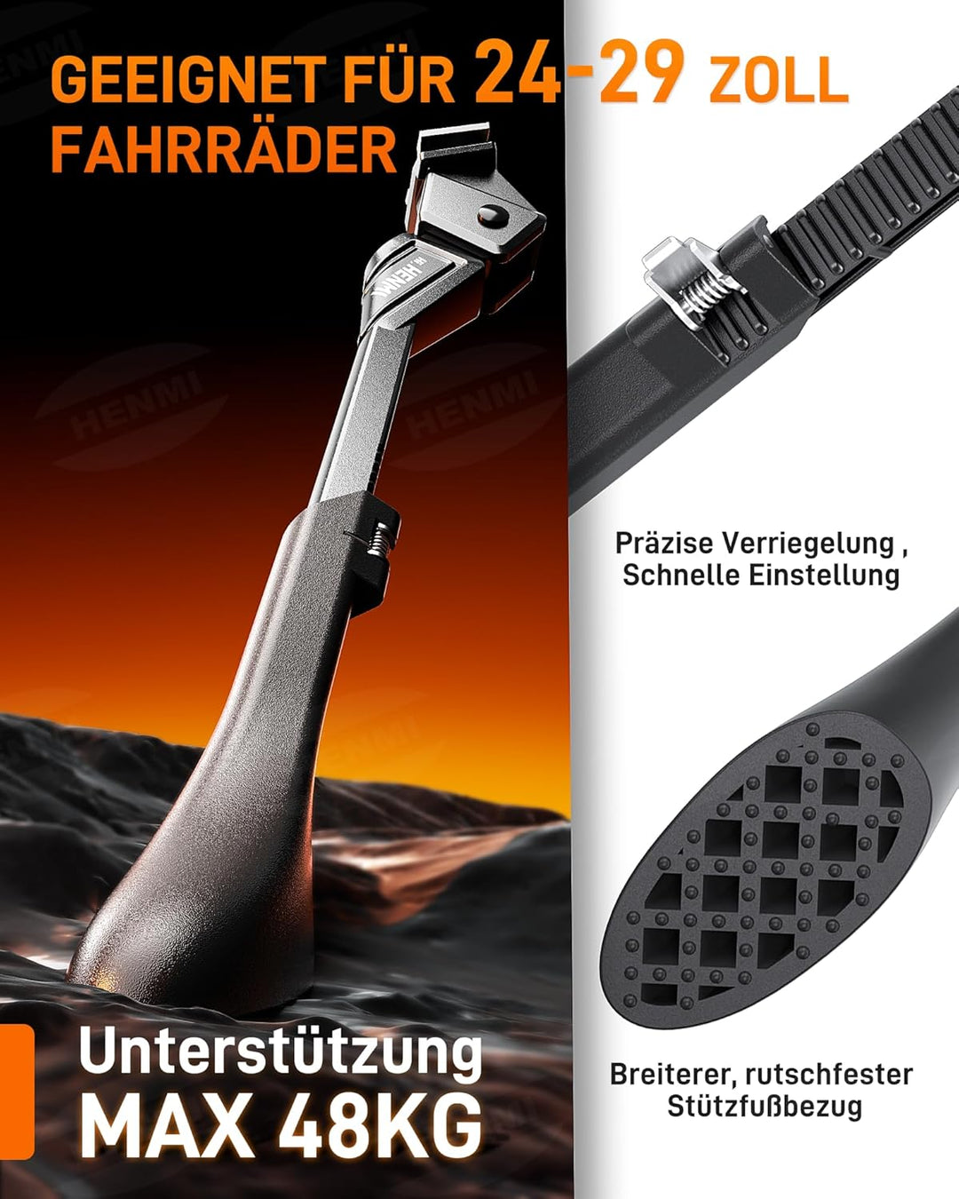 HENMI Fahrradständer 24-29 Zoll Höheverstellbar Mittelständer Ultra für E-Bike, Mountainbike, Trekkingrad, Cityrad Fahrradständer Seitenständer