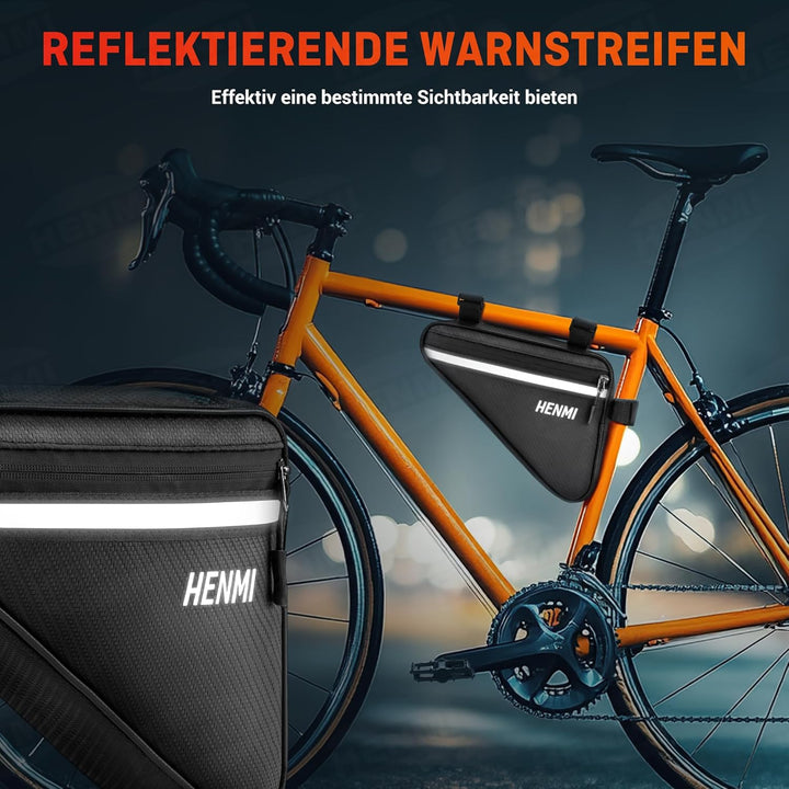HENMI Fahrradtasche Rahmen, Dreieckstasche Fahrrad Wasserdicht Reflektierend, Rahmentasche für Handy, Snack, Werkzeug, Verwendung Fahrrad Werkzeugtasche für Stadtrad, Rennrad, MTB