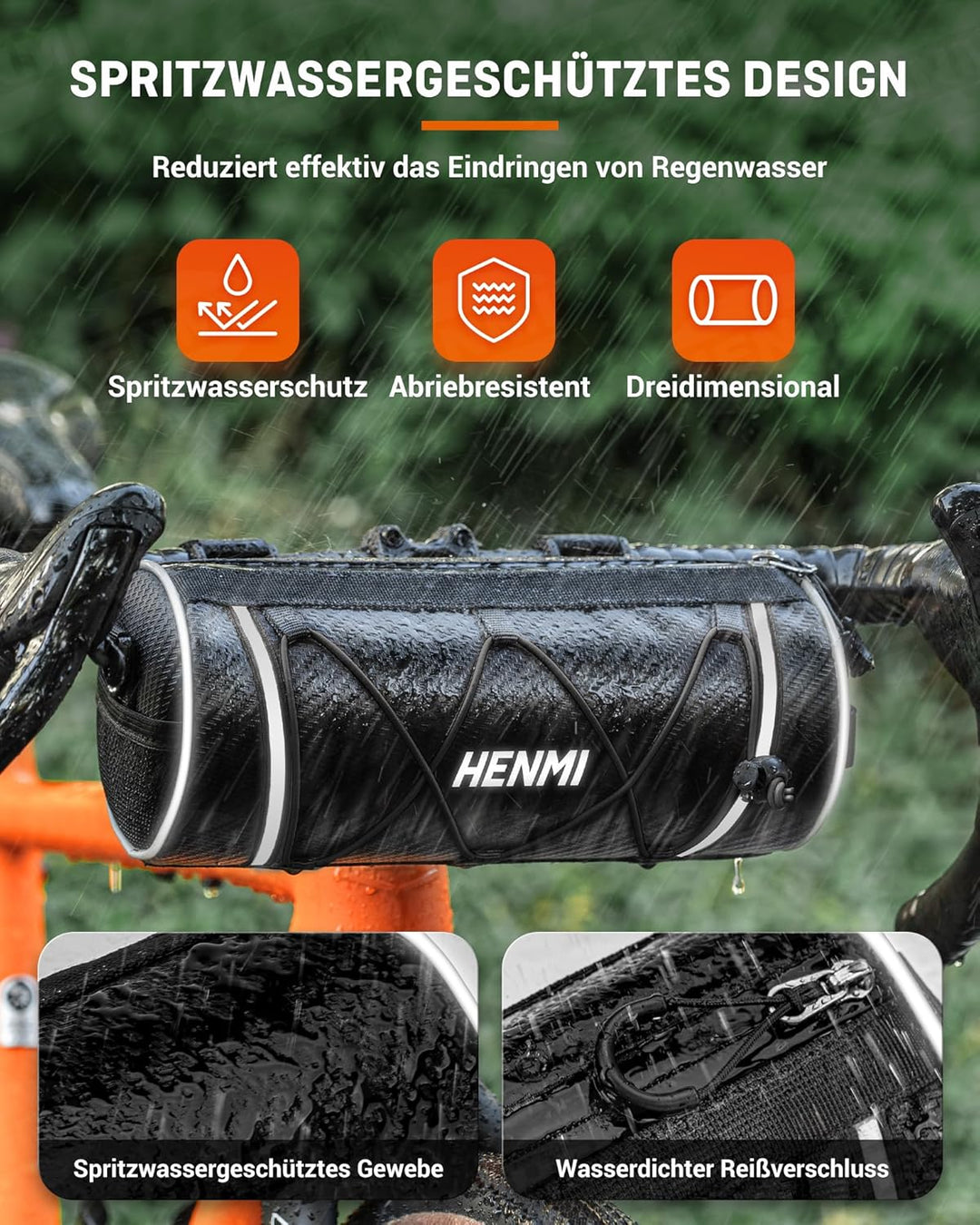 HENMI Lenkertasche Fahrrad Wasserdicht, Fahrradtasche Lenker für E-Bike, MTB, Rennrad, Lenkertasche Rennrad mit Schultergurt ca.2,4L (Schwarz)