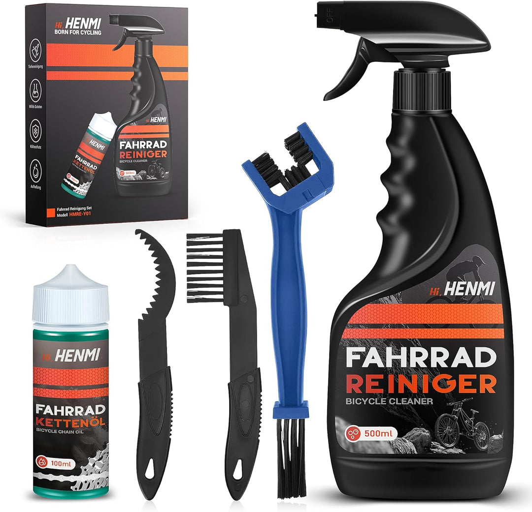 HENMI Fahrrad Reinigungsset, 7 in 1 Kettenreiniger Fahrradkette Set mit Fahrradreiniger 500ml + Fahrradkettenöl 100ml Clean Fit für Fahrradkette/Kurbel/Reifen/Radfahren Ecke Fleck für Alle Fahrräder