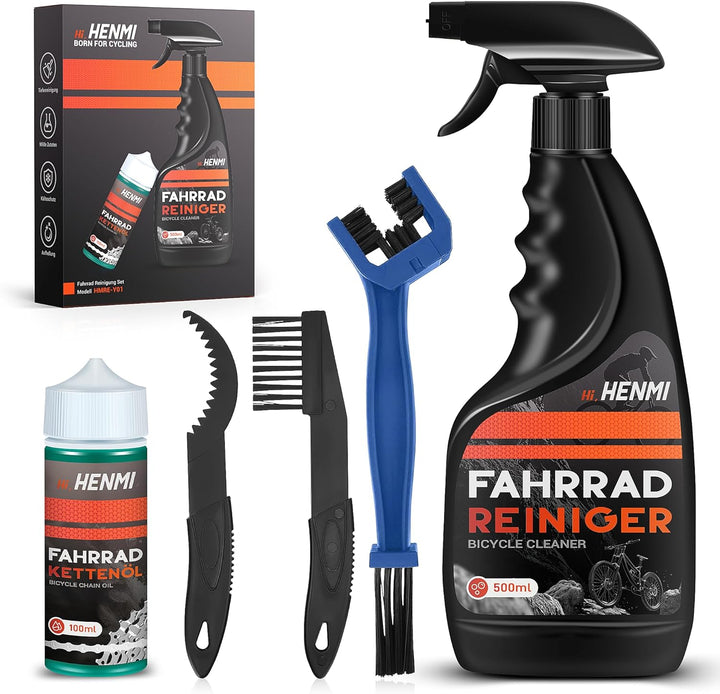 HENMI Fahrrad Reinigungsset, 7 in 1 Kettenreiniger Fahrradkette Set mit Fahrradreiniger 500ml + Fahrradkettenöl 100ml Clean Fit für Fahrradkette/Kurbel/Reifen/Radfahren Ecke Fleck für Alle Fahrräder