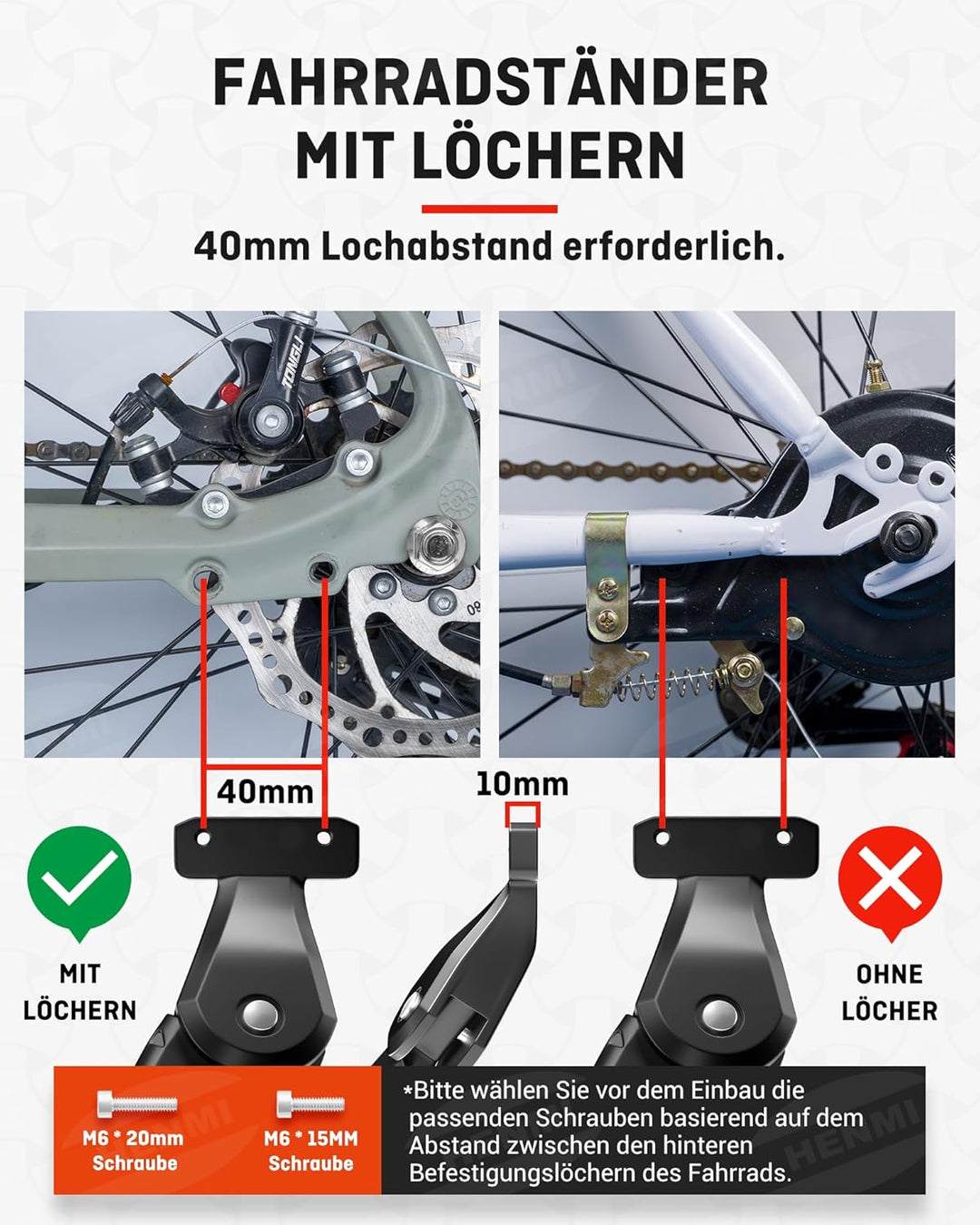 HENMI Fahrradständer 24-29 Zoll Pro+, Fahrradständer mit 4 Löchern, 20mm oder 40mm Lochabstand, M5 Schraube Schraubenöffnung 5mm, Stabil Seitenständer für E-Bike, MTB