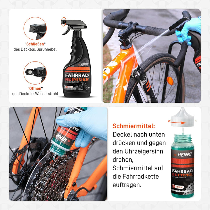 HENMI Fahrrad Reinigungsset, 7 in 1 Kettenreiniger Fahrradkette Set mit Fahrradreiniger 500ml + Fahrradkettenöl 100ml Clean Fit für Fahrradkette/Kurbel/Reifen/Radfahren Ecke Fleck für Alle Fahrräder