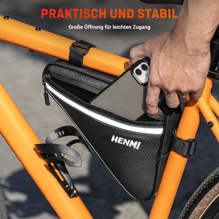 HENMI Fahrradtasche Rahmen, Dreieckstasche Fahrrad Wasserdicht Reflektierend, Rahmentasche für Handy, Snack, Werkzeug, Verwendung Fahrrad Werkzeugtasche für Stadtrad, Rennrad, MTB