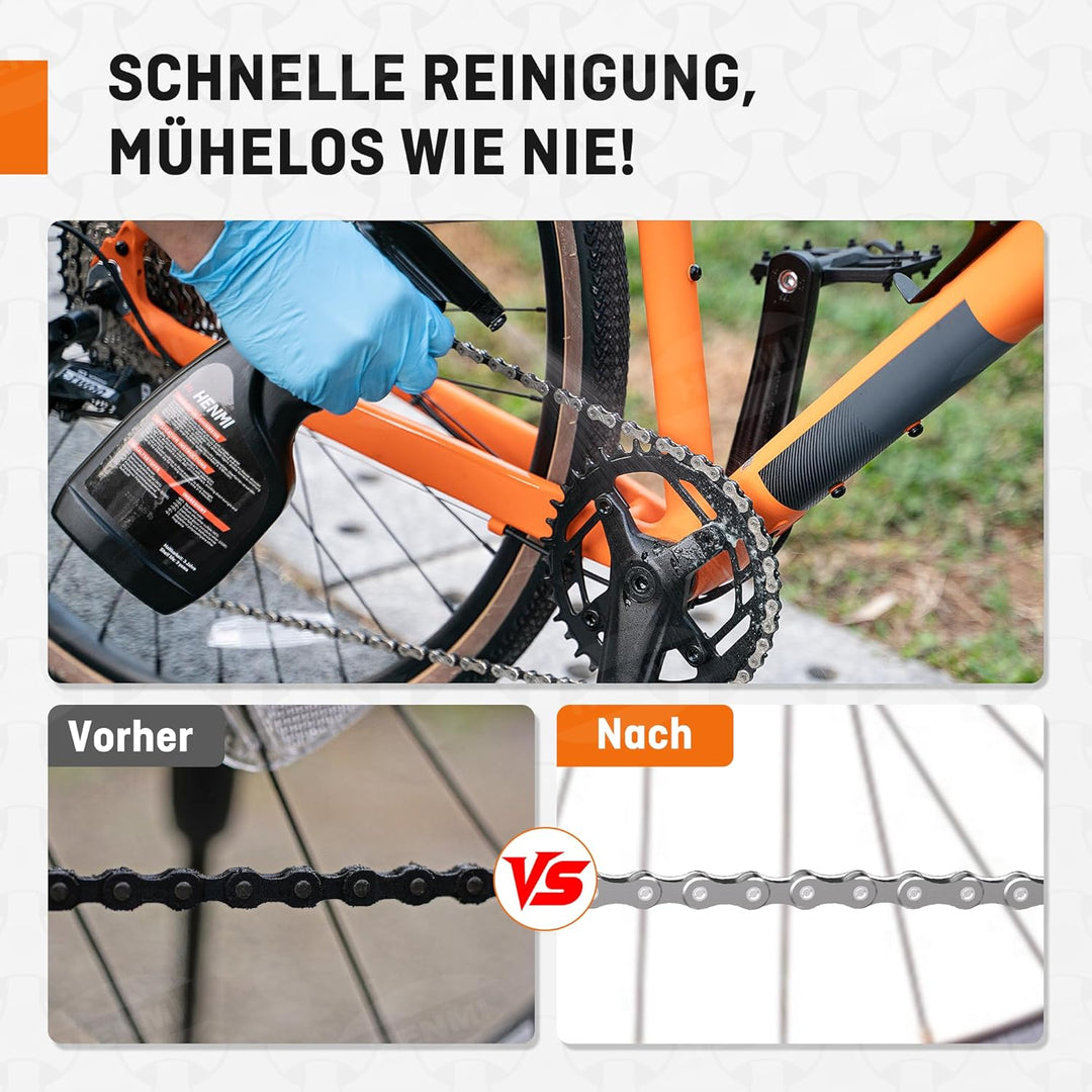 HENMI Fahrrad Reinigungsset, 7 in 1 Kettenreiniger Fahrradkette Set mit Fahrradreiniger 500ml + Fahrradkettenöl 100ml Clean Fit für Fahrradkette/Kurbel/Reifen/Radfahren Ecke Fleck für Alle Fahrräder