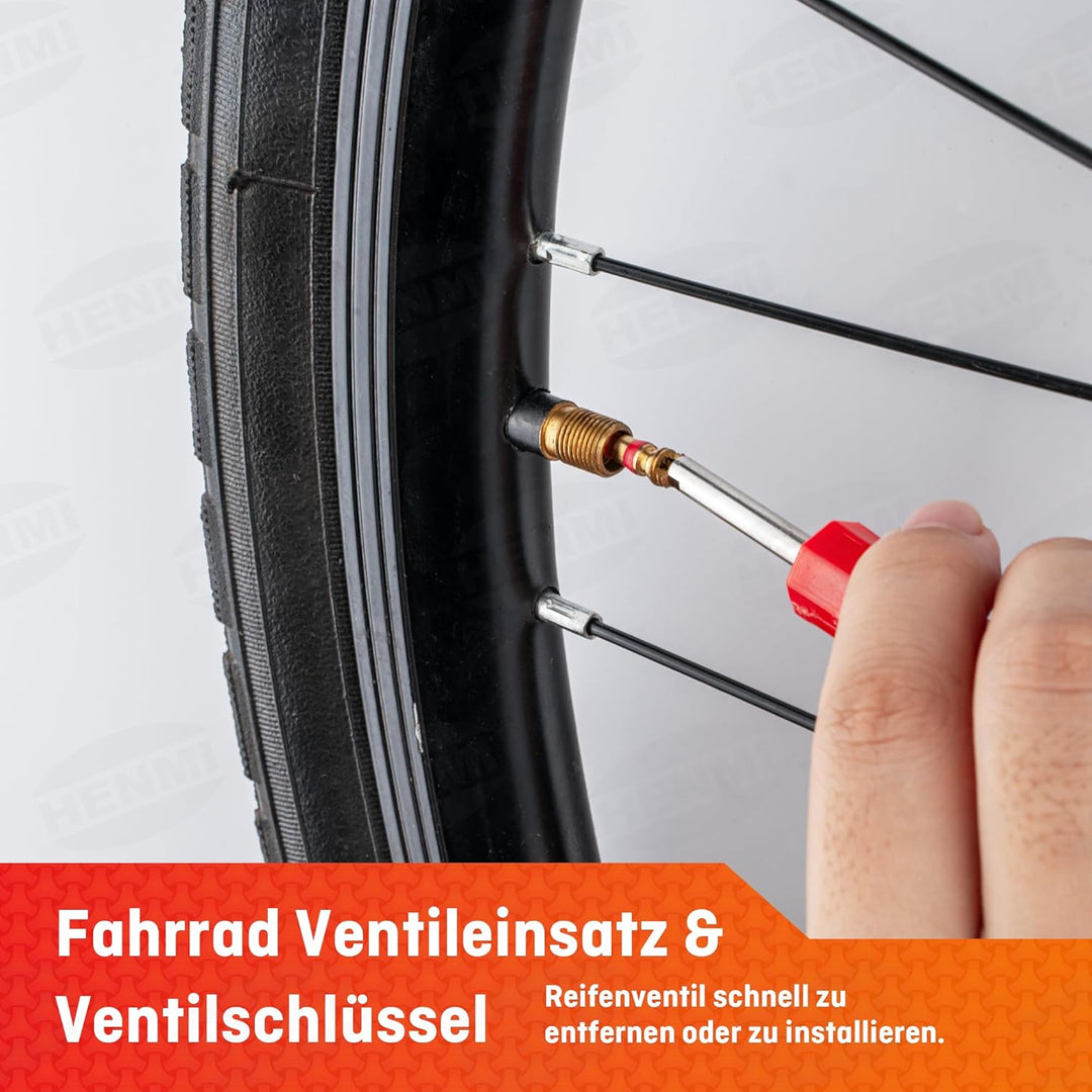 HENMI Fahrrad Flickzeug Set, Tragbar Flickset Fahrradreifen mit Reifenreparaturkleber, Patch, Metall Reifenheber, Ventilschlüssel, Ventileinsatz Kompatibel mit Allen Fahrradschläuchen 2024