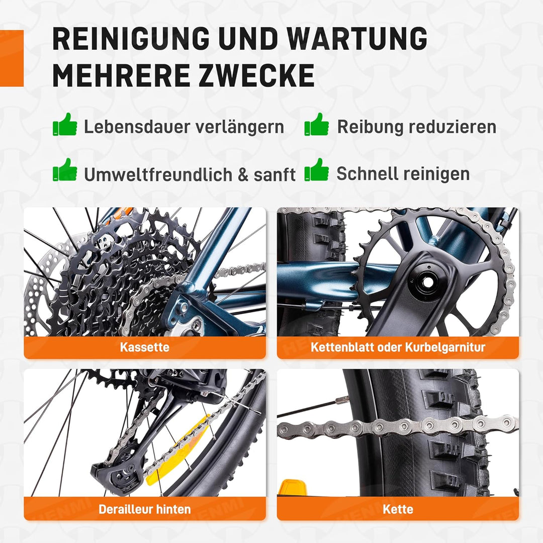 HENMI Fahrrad Reinigungsset, 7 in 1 Kettenreiniger Fahrradkette Set mit Fahrradreiniger 500ml + Fahrradkettenöl 100ml Clean Fit für Fahrradkette/Kurbel/Reifen/Radfahren Ecke Fleck für Alle Fahrräder