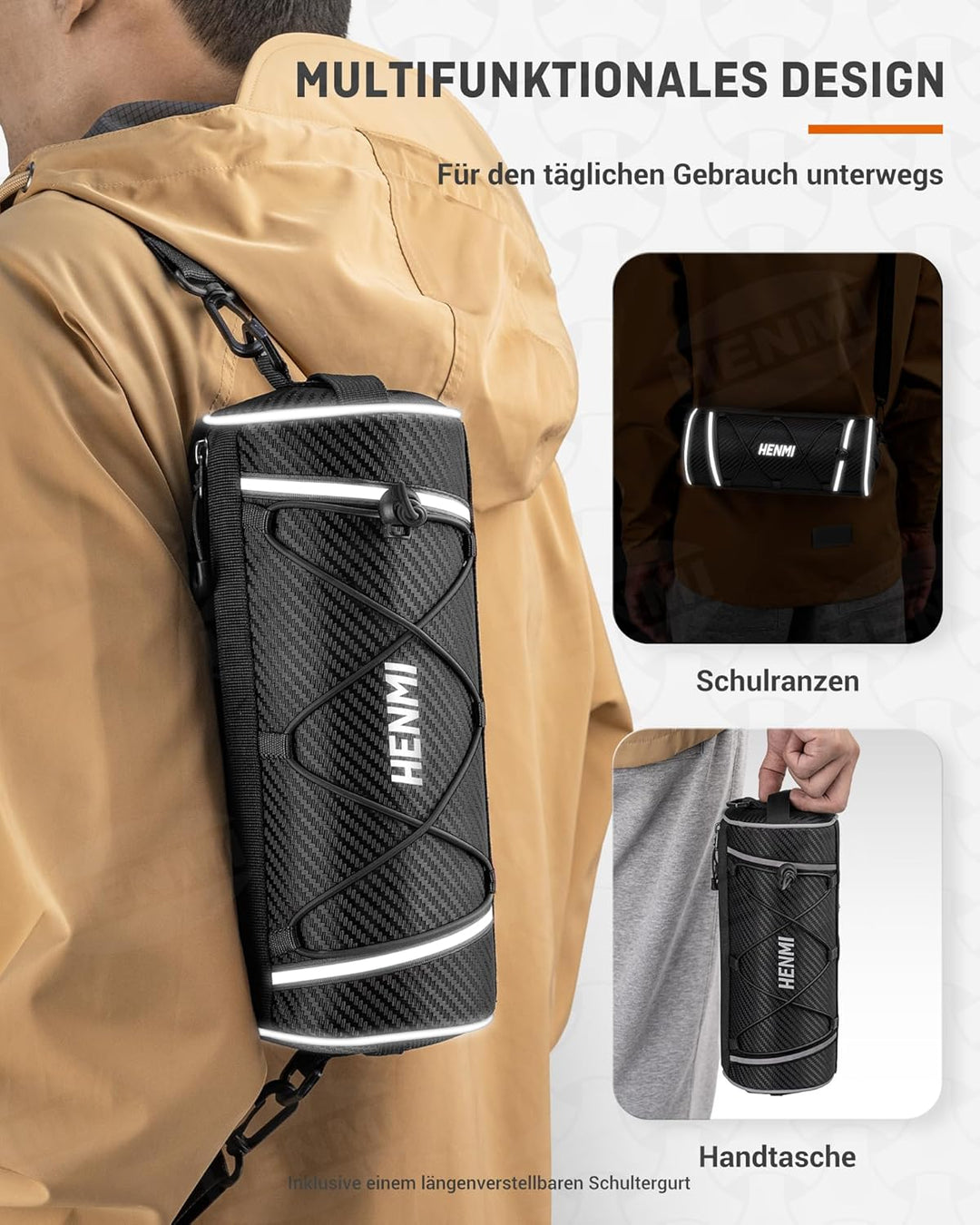 HENMI Lenkertasche Fahrrad Wasserdicht, Fahrradtasche Lenker für E-Bike, MTB, Rennrad, Lenkertasche Rennrad mit Schultergurt ca.2,4L (Schwarz)