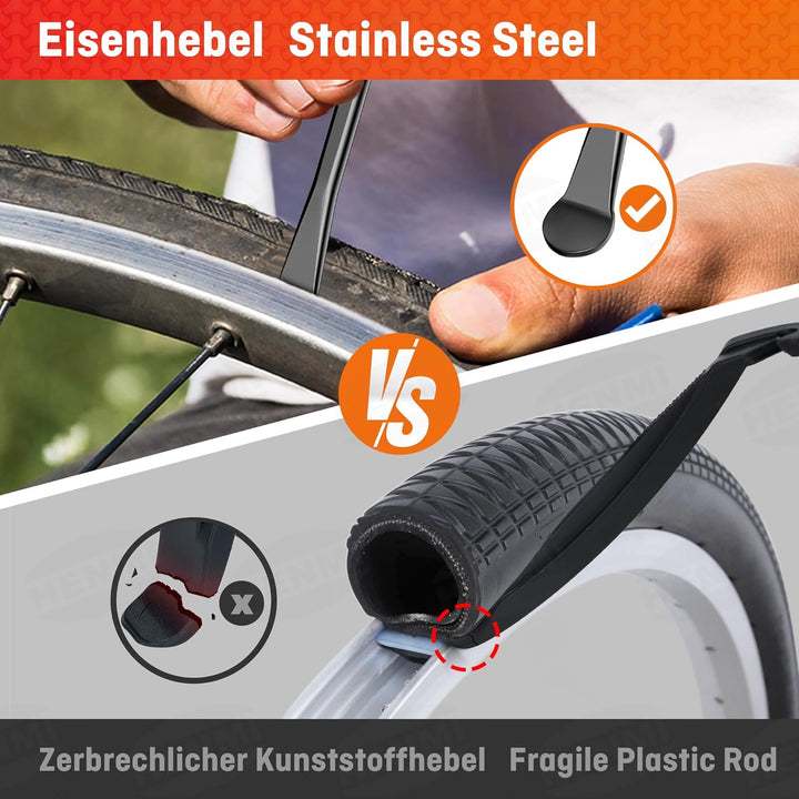 HENMI Fahrrad Flickzeug Set, Tragbar Flickset Fahrradreifen mit Reifenreparaturkleber, Patch, Metall Reifenheber, Ventilschlüssel, Ventileinsatz Kompatibel mit Allen Fahrradschläuchen 2024