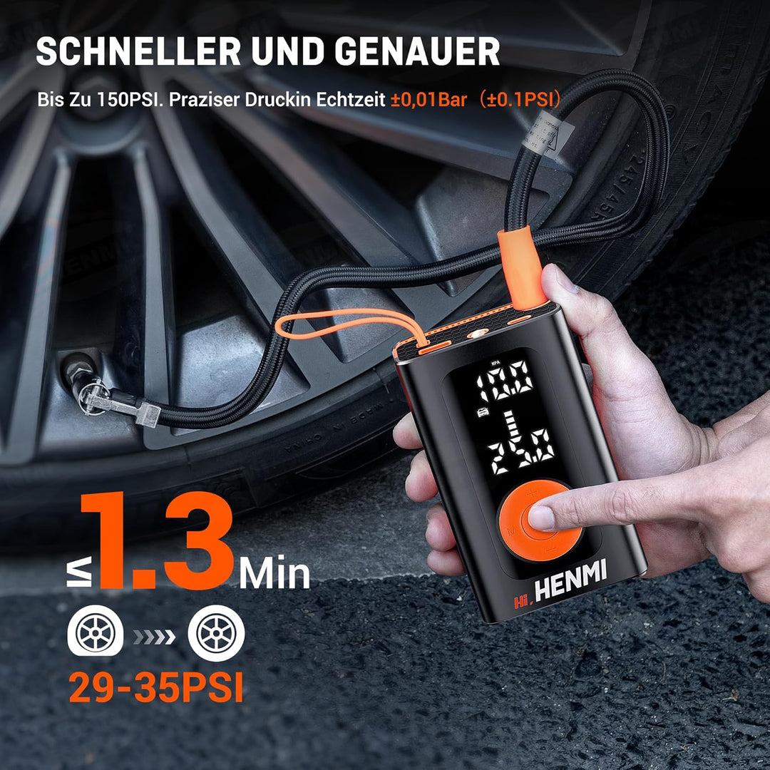 HENMI Elektrische Luftpumpe, Akku Luftpumpe Auto mit alle ventile (10,3-11,7 Bar), 7500-18000 mAh Fahrradpumpe Elektrisch mit Digitalanzeige Manometer für Fahrrad, EBike, Wohnmobil, Bälle