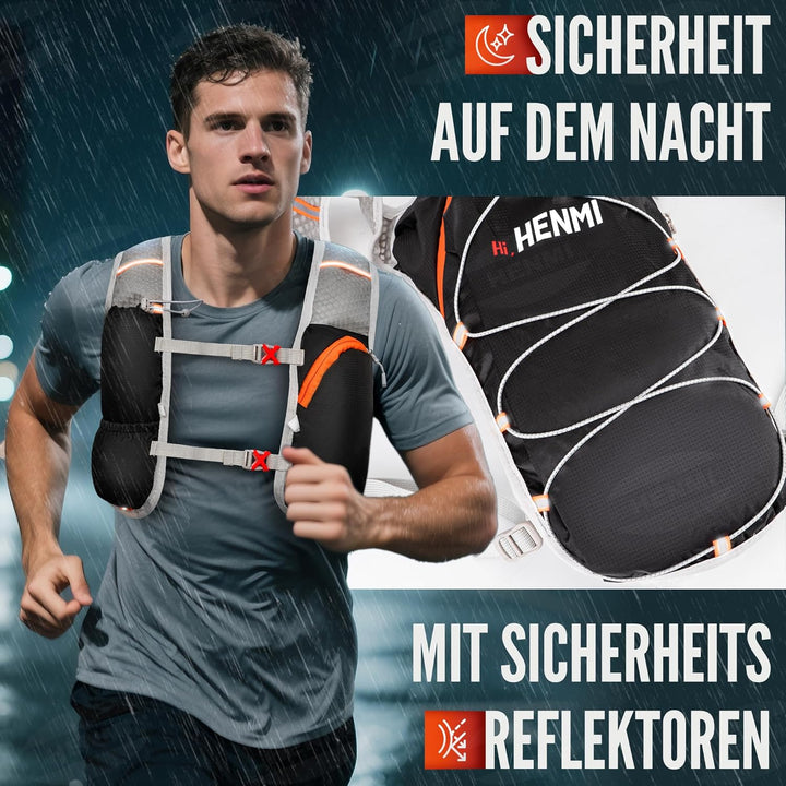 HENMI Trinkrucksack mit 2L Wasserblase,Verstellbare Laufweste Reflektierender Laufrucksack für Damen & Herren Läufe,Jogging,Radfahren