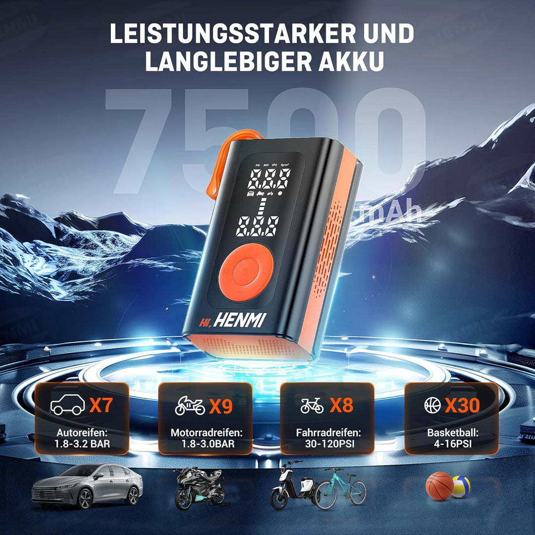 HENMI Elektrische Luftpumpe, Akku Luftpumpe Auto mit alle ventile (10,3-11,7 Bar), 7500-18000 mAh Fahrradpumpe Elektrisch mit Digitalanzeige Manometer für Fahrrad, EBike, Wohnmobil, Bälle