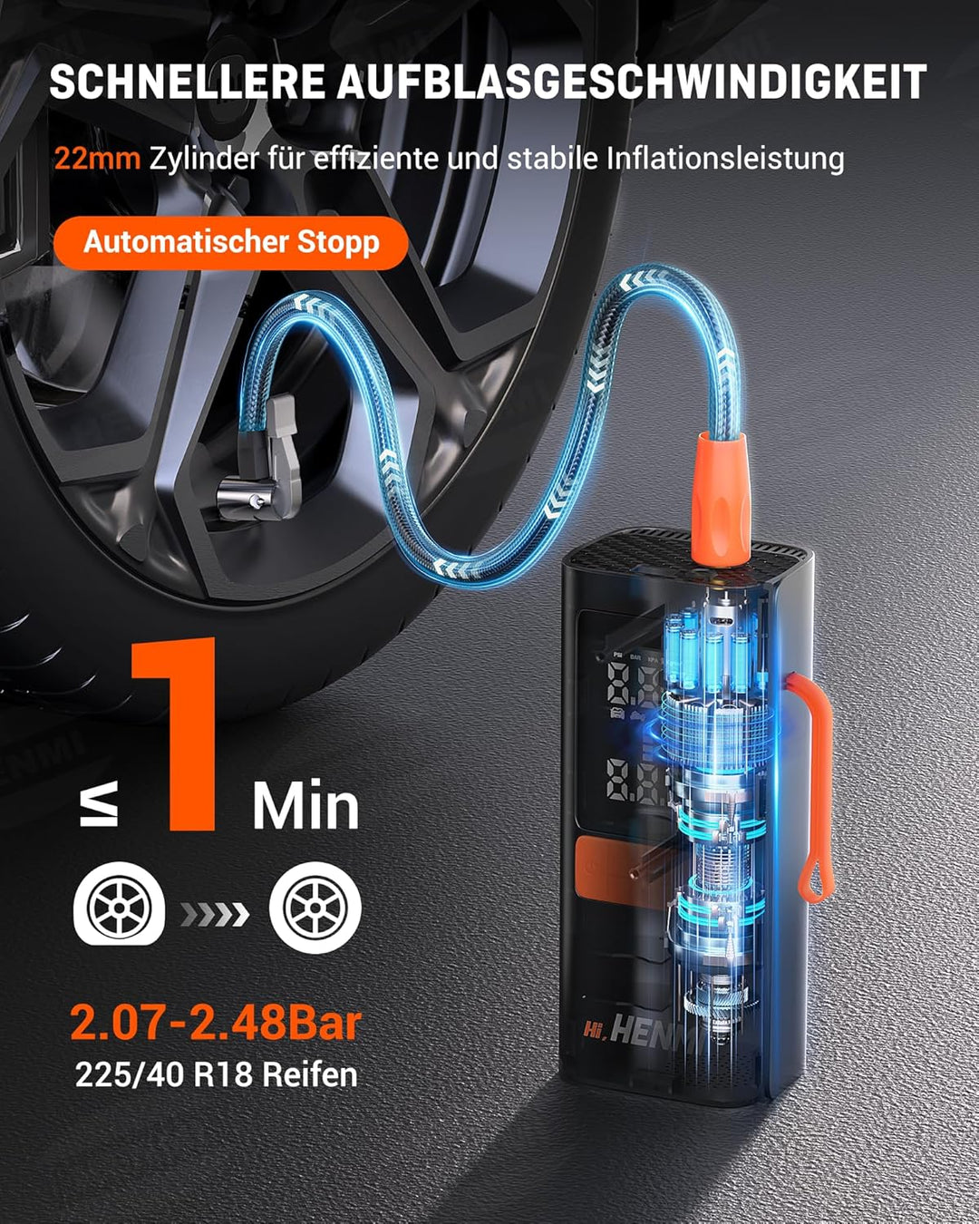 HENMI Elektrische Luftpumpe, Akku Luftpumpe Auto mit alle ventile (10,3-11,7 Bar), 7500-18000 mAh Fahrradpumpe Elektrisch mit Digitalanzeige Manometer für Fahrrad, EBike, Wohnmobil, Bälle