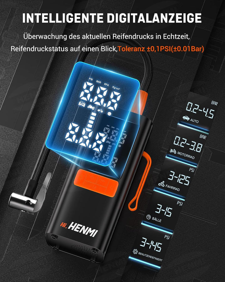 HENMI Elektrische Luftpumpe, Akku Luftpumpe Auto mit alle ventile (10,3-11,7 Bar), 7500-18000 mAh Fahrradpumpe Elektrisch mit Digitalanzeige Manometer für Fahrrad, EBike, Wohnmobil, Bälle