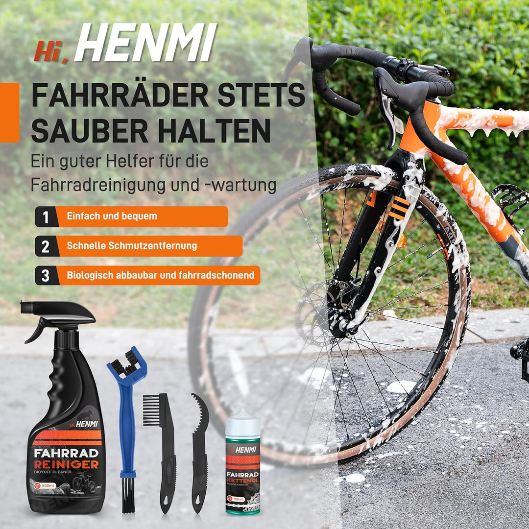 HENMI Fahrrad Reinigungsset, 7 in 1 Kettenreiniger Fahrradkette Set mit Fahrradreiniger 500ml + Fahrradkettenöl 100ml Clean Fit für Fahrradkette/Kurbel/Reifen/Radfahren Ecke Fleck für Alle Fahrräder