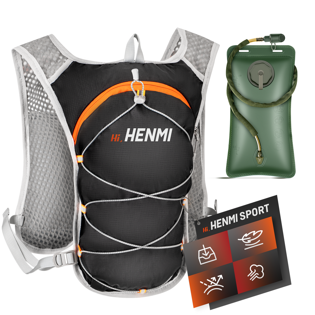 HENMI Trinkrucksack mit 2L Wasserblase,Verstellbare Laufweste Reflektierender Laufrucksack für Damen & Herren Läufe,Jogging,Radfahren