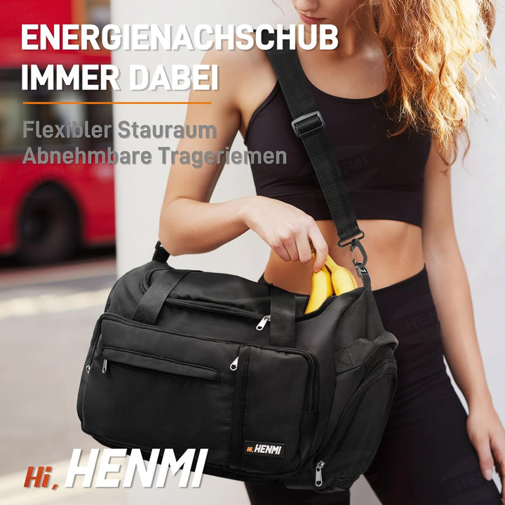 HENMI Sporttasche & Reisetasche für Damen und Herren,43L Groß Handgepäck mit Schuhfach und Nassfach für Sport und Travel Gym Tasche Fitness Rucksack Trainingstasche Faltbare Reisetasche Schwarz