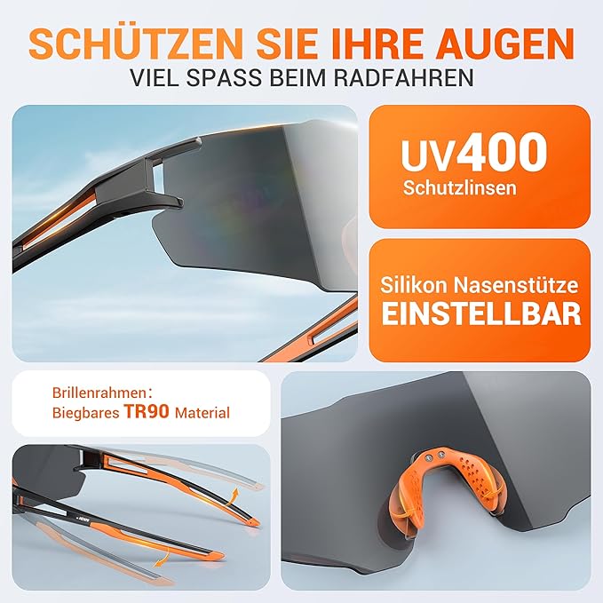 HENMI Fahrradbrille für Herren Damen, UV400 Schutz Sport Sonnenbrille mit TR90 Rahmen Radsportbrillen für Radsport,Laufen,Outdoor-Sport