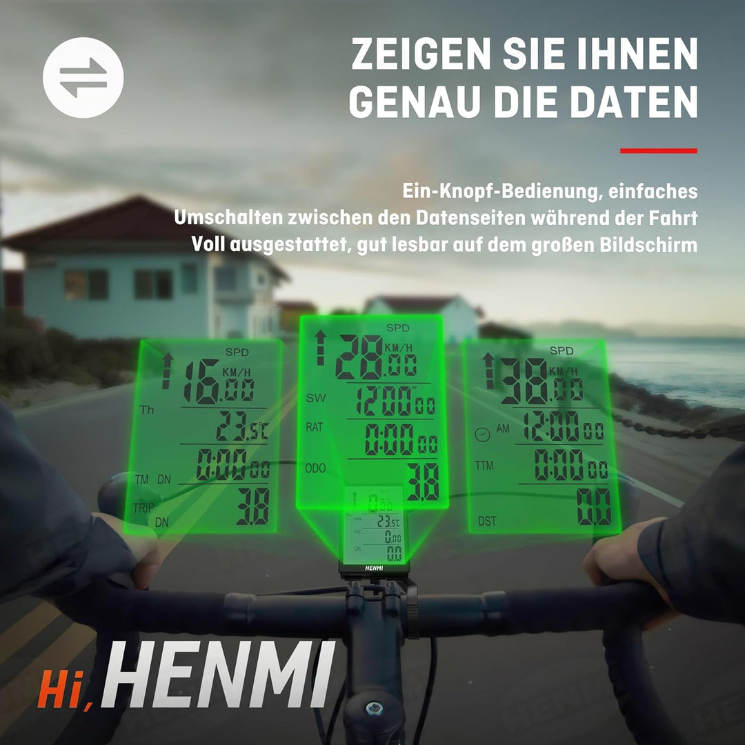 HENMI Fahrradcomputer Kabellos, 3,2 Zoll Multifunktion Fahrradtacho Kabellos Großbildschirm, IP65 Wasserdicht Automatisches Aufwachen Fahrrad Tachometer Kilometerzähler Hintergrundbeleuchtung