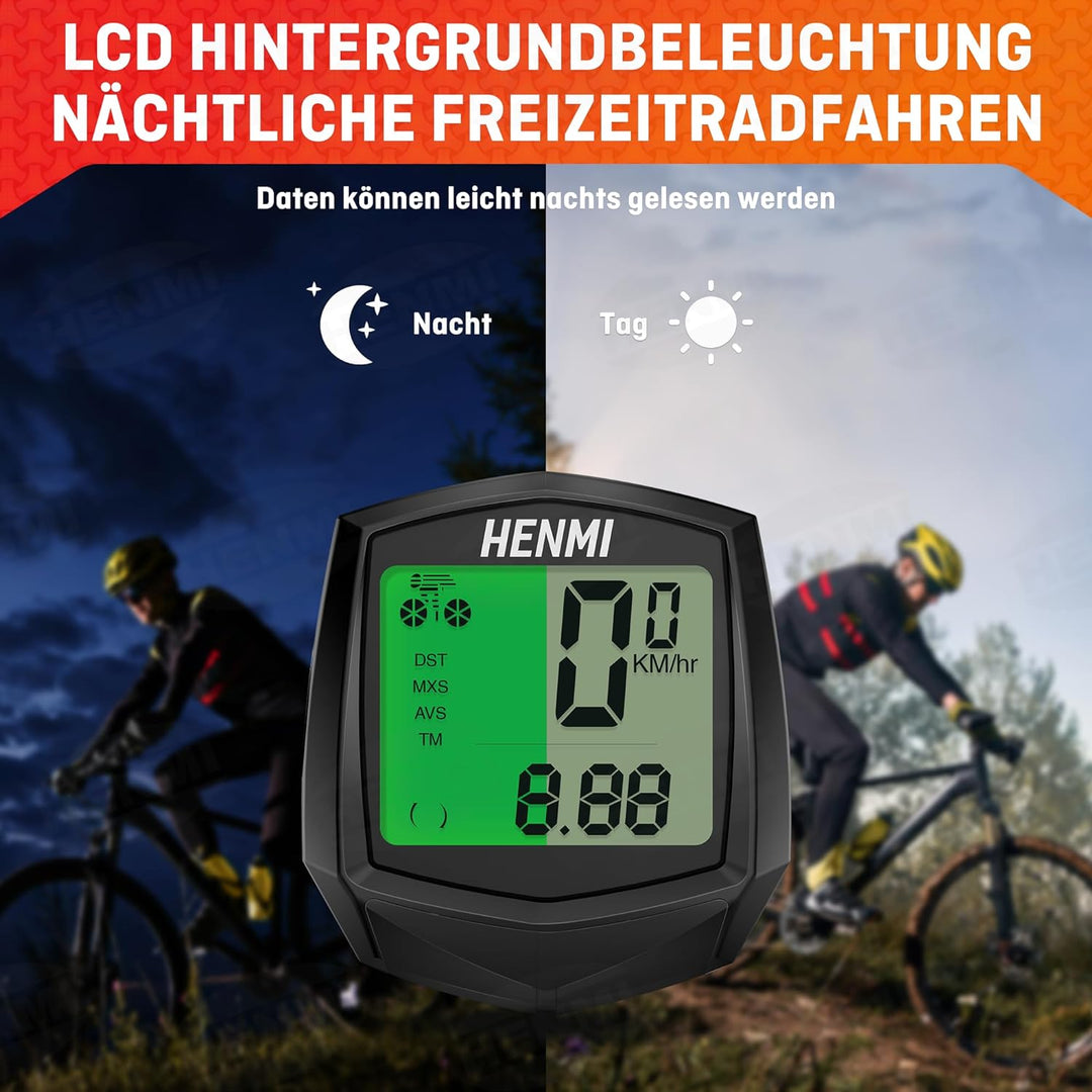 HENMI Fahrradcomputer Kabellos, 24 Funktionen Fahrradtacho Kabellos, IP54 Wasserdicht Fahrrad Kabellos Tachometer Kilometerzähler mit HD LCD Hintergrundbeleuchtung